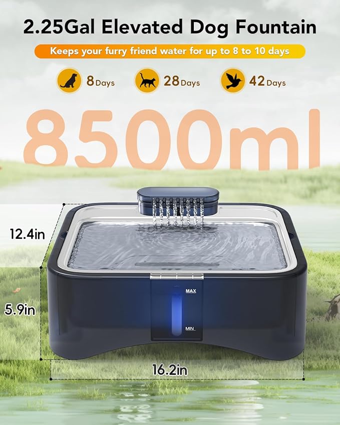 UPSKY 2.25Gal Elevated Dog Water Fountain, 4 Heights Adjustable Pet Fountain for All Dog Sizes, 304 Stainless Steel Tray Indoor Drinking Dispenser with Ultra-Quiet Pump & 4 Replacement Filters Blue