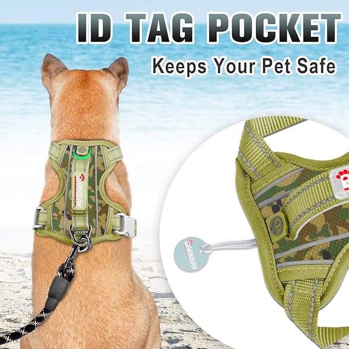 BARKBAY No Pull Dog Harness Large Reflective Dog Harness with Front Clip and Easy Control Handle for Walking Training Running with ID tag Pocket(Camo,M)