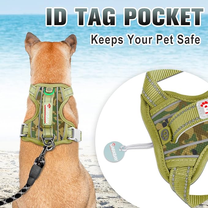 BARKBAY No Pull Dog Harness Large Reflective Dog Harness with Front Clip and Easy Control Handle for Walking Training Running with ID tag Pocket(Camo,L)