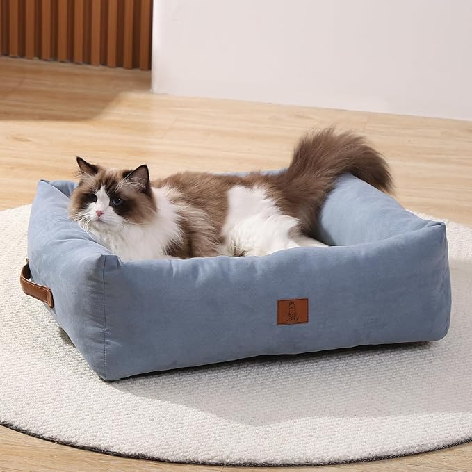 20In Dog Bed for Small Medium Sized Dogs and Cats - Washable Rectangle Puppy Bed for Indoor Outdoor, Cozy Pet Bed with Support Pillow & Non-Slip Bottom(Blue, Small)