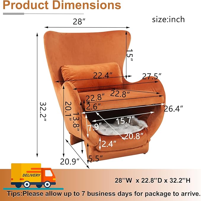 Velvet Chair with Cat Bed for Cats Lover, Pet-Friendly Wing Back Single Sofa with Pet Nest for Living Room, Orange.