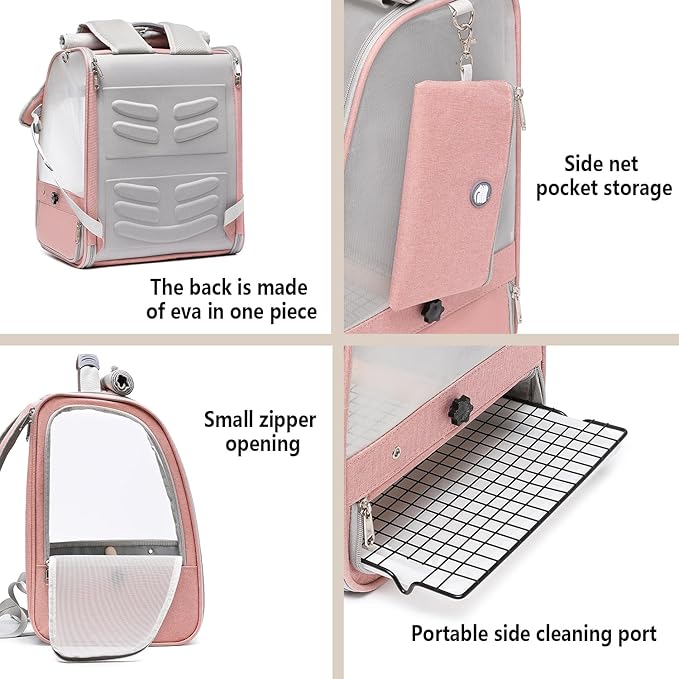 Bird Carrier Backpack, Portable Travel Bird Cage with Standing Perch, 2 Feeder Cups, Iron Mesh Stand & Removable Tray Lightweight, Breathable Mesh Window for Parrot Carrier，Easy Clean (Pink)