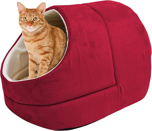 4 in 1 Self Warming Burrow Cat Bed, Pet Hideway Sleeping Cuddle Cave (Burgundy-2)