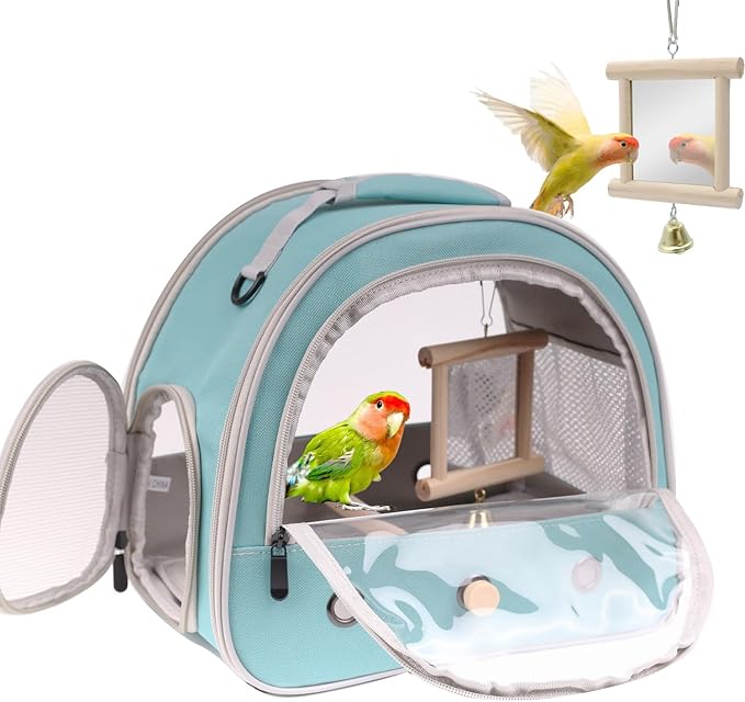 Parrot Travel Cage with Bird Cage Bells Mirror Set,Portable Small Bird Parakeet Bag with Standing Perch and Comfy Mat Bird Carry Transport Bag with Clear Window Vet Visit Shopping
