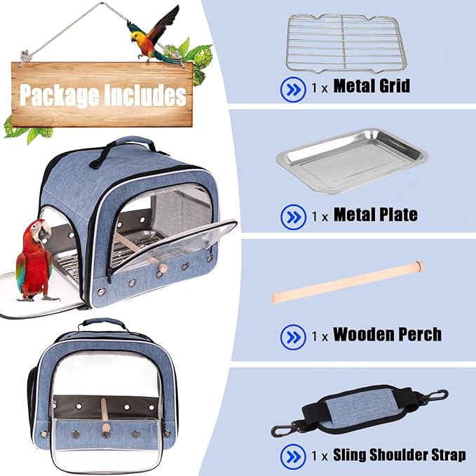 halinfer Bird Travel Carrier Cage for Large Size Parrot, Portable Bag with Metal Tray and Grid to Carry and Transport Medium and Large Birds Like African Grey, Long Tail Cockatiel and Parrot