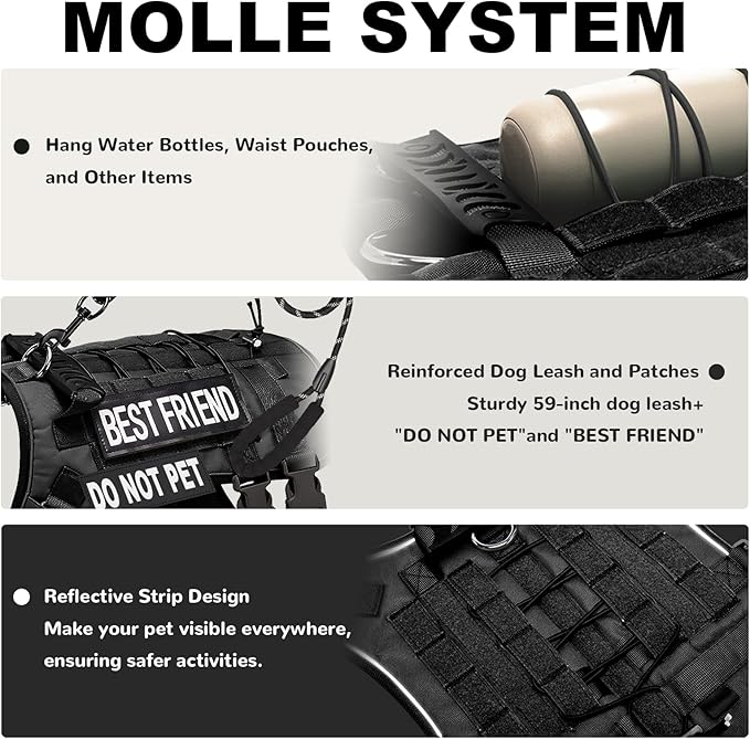 Tactical Dog Harness for Small Dogs,No Pull Dog Harness and Leash Set,Patches,Reflective Function,Dog Vest Harness for Training and Walking,Black S