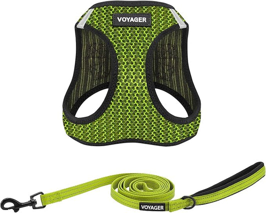 Voyager Step-in Air All Weather Mesh Harness and Reflective Dog 5 ft Leash Combo with Neoprene Handle, for Small, Medium and Large Breed Puppies by Best Pet Supplies - Lime Green (2-Tone), XL