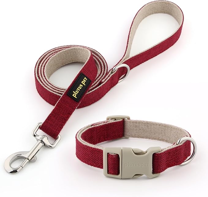 Plutus Pet Cotton Hemp Dog Collar and Leash Set, Adjustable Collar for Small, Medium, and Large Dogs, Heavy Duty and Soft on Skin, Red, XS