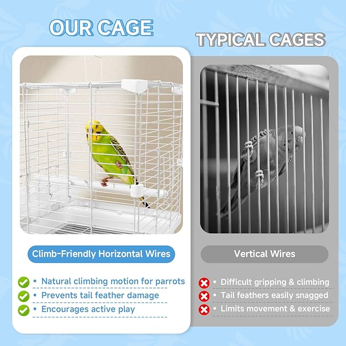 Small Bird Cage for Parakeets, Budgies & Canaries and More Small Birds - Lightweight Travel Birdcage & Bird Carrier with Handle, Stand, Removable Tray, Portable for Hanging, Outdoor Use, White