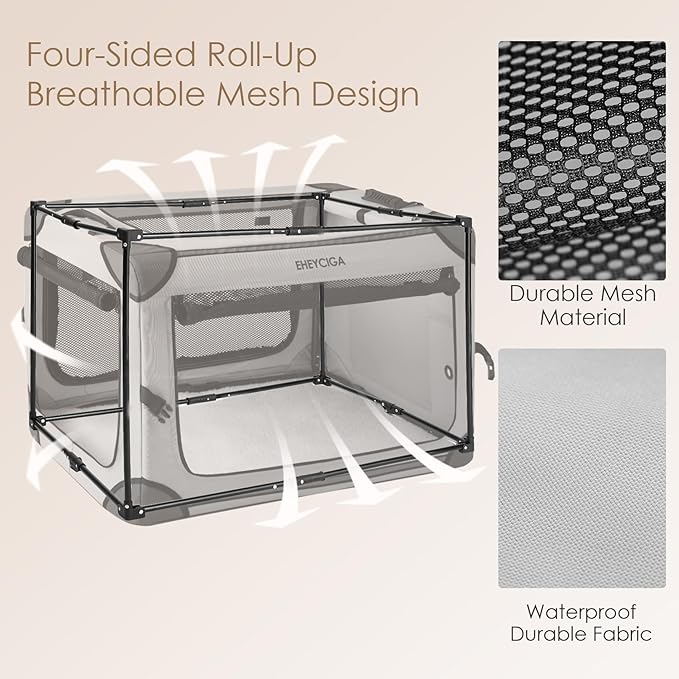 EHEYCIGA Collapsible Dog Crate 36 Inches, Portable Travel Crate for Large Dogs, Soft Foldable Pet Kennel with 4-Door Mesh Windows Indoor & Outdoor, Grey