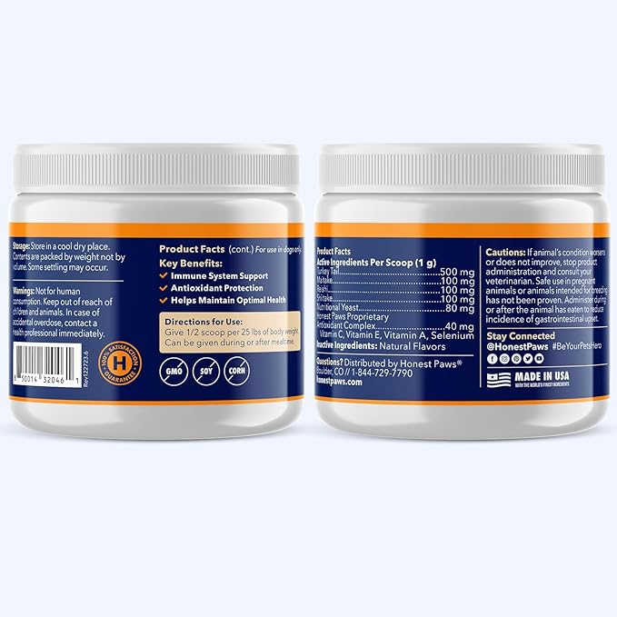 Honest Paws Turkey Tail Mushroom for Dogs - Digestive and Immune Support - Shiitake, Reishi, Maitake Mushroom Supplement Powder for Dogs - No Filler, No Additives - (30 Scoops)