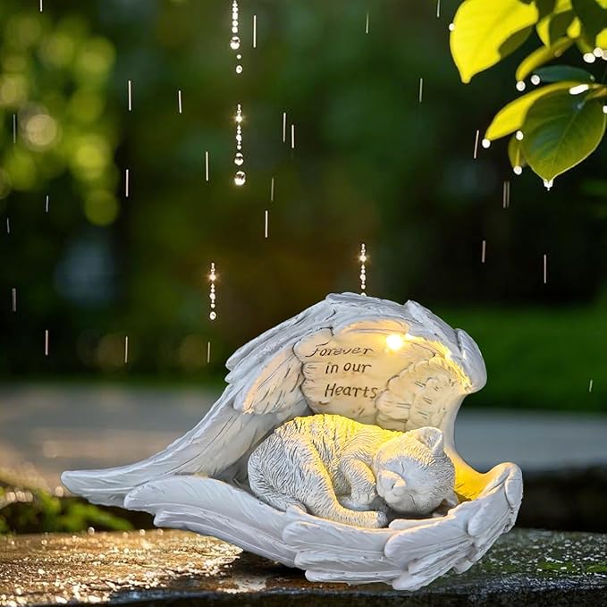 Angel Cat Memorial Statue with Solar Light Forever in Our Hearts Resin Pet Memorial Figurine Comforting Cat Angel Statue for Garden/Yard/Home | Solar Powered Night Light Gift for Pet Loss