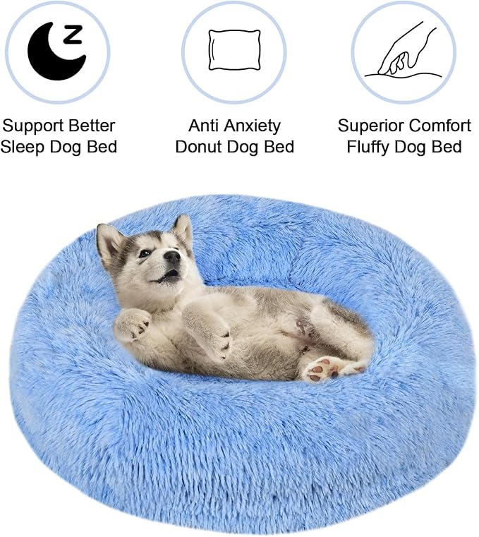 Calming Donut Pet Bed for Cats and Small Dogs, Washable Anti-Anxiety Round Bed with Non-Slip Bottom, [23.62 x 23.62 x 5.9 Inch] Plush Dog Cat Bed for Small Medium Pets(Blue)