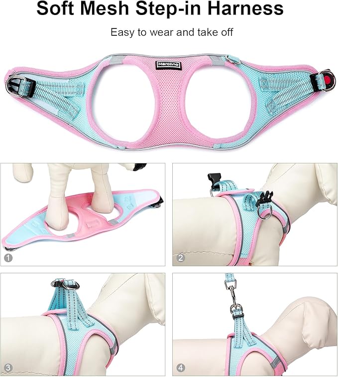 Mercano Soft Mesh Dog Harness and Leash Set, No-Chock Step-in Reflective Breathable Lightweight Easy Walk Vest Harnesses with Safety Buckle for Small Dogs, Cats (XL, Pink Blue)
