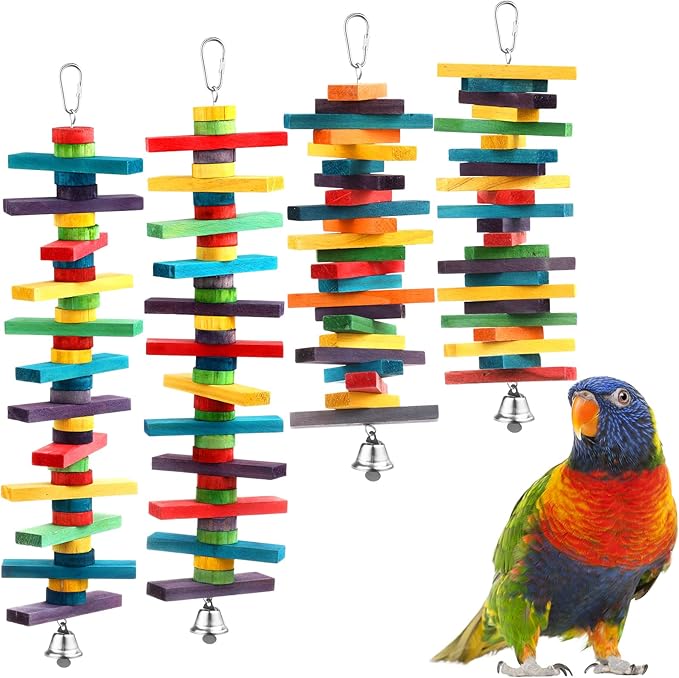 4 Pcs Bird Parrot Toys with Multicolored Natural Wood Blocks, Bird Chew Toys for Large Medium Parrots Macaws Lovebirds Doves Cockatiels Conures Parakeets Chewing Biting Foraging, 2 Designs