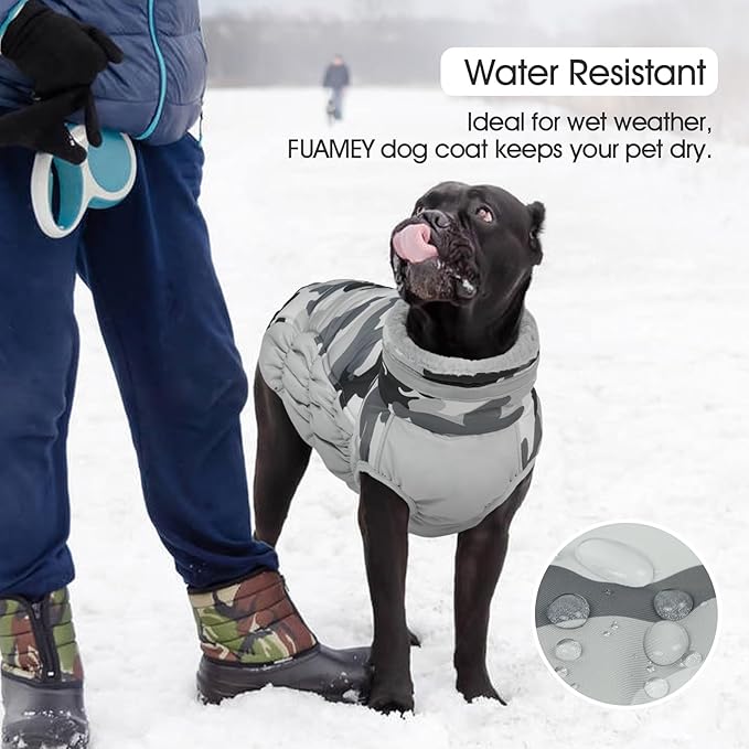 FUAMEY Dog Coat for Large Dogs,Waterproof Dog Winter Jacket with Harness Built in Puppy Cold Weather Coats Reflective Pet Vest with Zipper Warm Fleece Dogs Snowsuit Windproof Grey Camo L