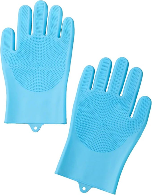 Pet Grooming Gloves，Heat-Resistant Silicone Gloves with High-Density Teeth for Enhanced Massaging and Bathing of Dogs and Cats (Blue, 1 Pair)