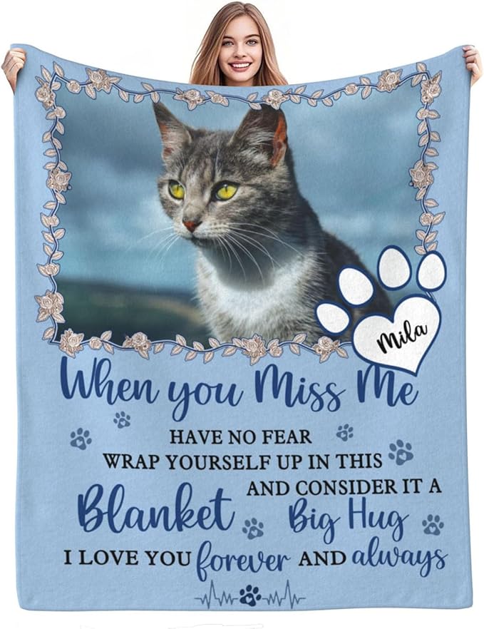 Custom Pet Memorial Blanket with Photo,Personalized Dog/Cat Loss Sympathy Gift,Pet Loss Bereavement Remembrance Gifts,Flannel Throw Blanket with Pictures (Blue)