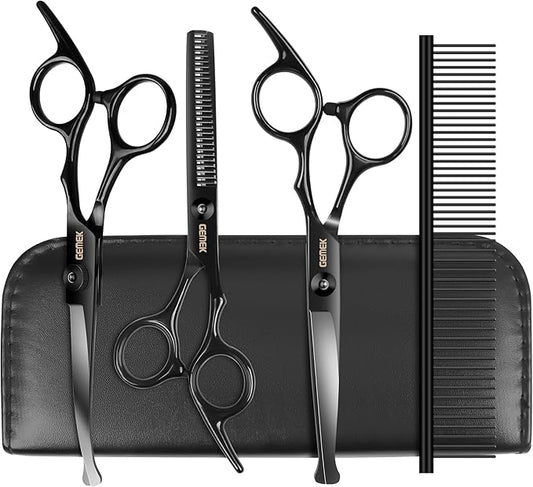 Dog Grooming Scissors Kit with Safety Round Tips, GEMEK Professional 5 in 1 Grooming Scissors for Dogs (Black 5 in 1)
