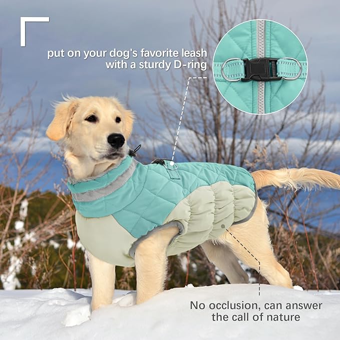FUAMEY Dog Coat for Large Dogs,Waterproof Dog Winter Jacket with Harness Built in Puppy Cold Weather Coats Reflective Pet Vest with Zipper Warm Fleece Dogs Snowsuit Windproof Mint Green XL