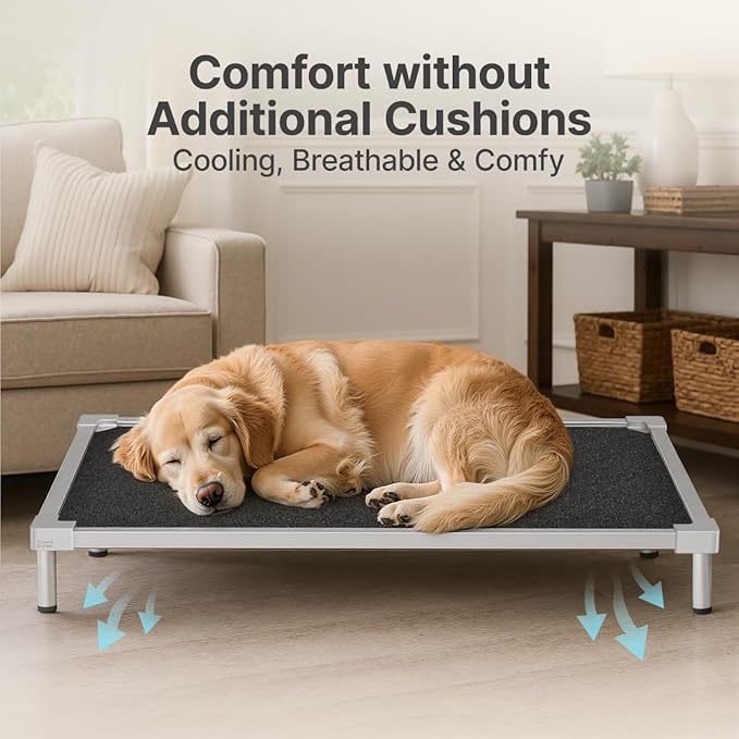 Premium Elevated Dog Bed， Heavy Duty Dog Bed 250lbs Capacity Tough Pet Bed with Anti-Rust Aluminum Frame Chew Proof Design Washable Easy Assembly for Crate Outdoor for Medium Sized Pet -M