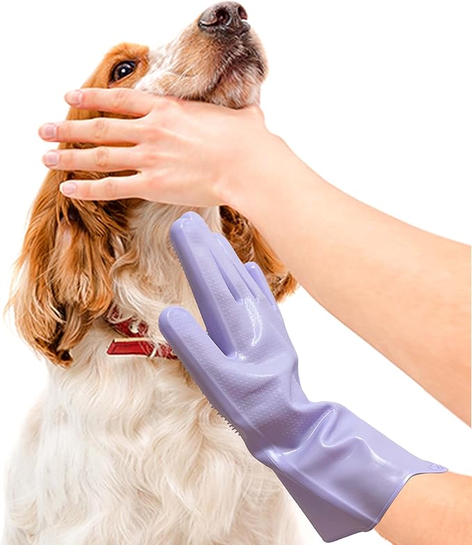 Pet Grooming Gloves，Heat-Resistant Silicone Gloves with High-Density Teeth for Enhanced Massaging and Bathing of Dogs and Cats (Purple, 2 Pair)