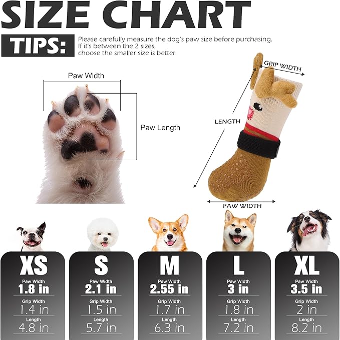 EXPAWLORER Christmas Anti Slip Dog Socks to Prevent Licking Paws, Boots & Paw Protectors with Grippers,Doggie Booties for Hardwood Floors for Small Medium Large Senior Dogs Lifelike Costume Reindeer S