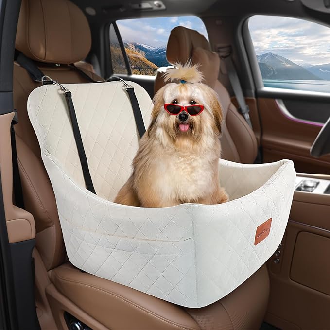 Dog Car Seat for Medium Dogs Up to 35lbs,Easy to Install with Adjustable Straps,Anti-Slip Bottom,Fully Detachable and Washable,Soft Fabric Fill in Memory Foam,2 Side Pockets(Beige,Medium)