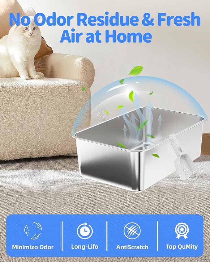 Stainless Steel Litter Box Set- [4-in-1] Cat Litter Box with Litter Scoop, Brush, Cat Wands, Non-Sticky Metal Litter Box for Cat, Kitty, Rabbit, Odorless, Easy Clean (17.7“ x 13.8" x 6",2 Pack)