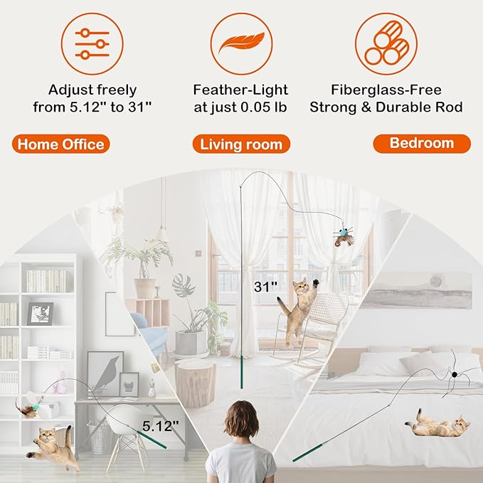 Cat Wand Toy – Retractable Wand with 4 Feather Toy Refills for Indoor Cats Enrichment, Interactive Cat Toy for Bored Adult Cats and High-Energy Kittens (BioBugs Serie)