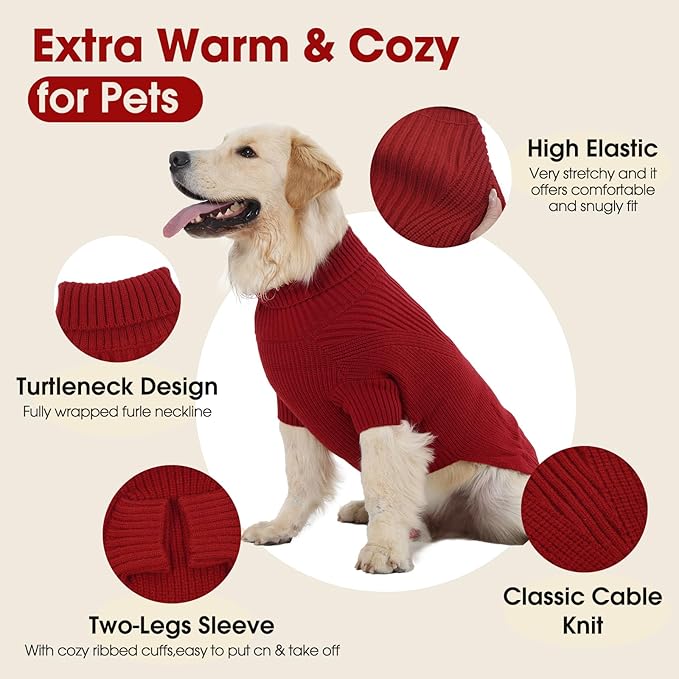 Small Dog Sweater, Dog Pullover Sweaters for Puppy Girl, Cable Knit Clothes for Cold Weather, Comfy Extra Small Dogs Sweater, Warm Turtleneck Sweatshirts Red Christmas Outdoor