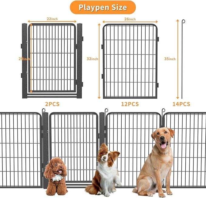 Dog Playpen with Low Threshold Gate, 32 inch 14 Panels Dog Fence, Heavy Duty Metal Puppy Exercise Dog Pen, Rust-Resistant Outdoor Pet Fence for Yard RV Camping