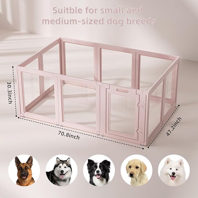 DIY Clear Acrylic Dog Playpen House,Quick Easy Assembly and Disassembly,Strong Floor Suction,Indoor and Outdoor Use,Easy Cleansing Puppy Fence (Skin Pink, 30.3" H, 12PCS)
