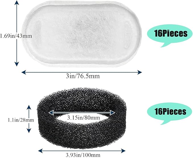 TuTuYa 32PCS Cat Water Fountain Filter, 16 Pack Cat Fountain Filter Replacement with 16 Sponges, for 108oz/3.2L & 67oz/2L Stainless Steel Pet Water Dispenser