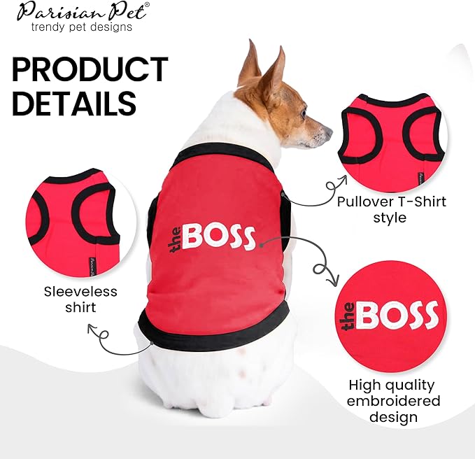 Parisian Pet Dog T-Shirt with Embroidered 'The Boss' Word - Lightweight Dog Clothes - Sleeveless Dogs Outfit Boss - Shirt for Large Dogs, 5XL