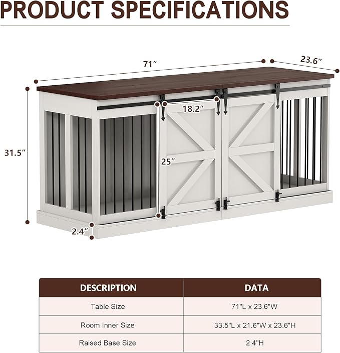 Dog Crate Furniture - Indoor Wooden Dog Kennel with Room Divider and Double Sliding Barn Doors - 71”x23.6”x31.5”H, White