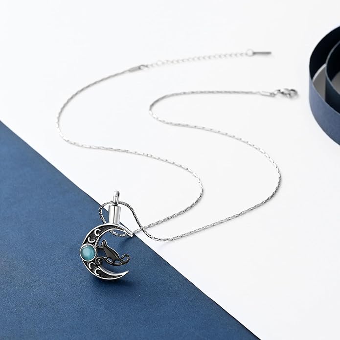 constantlife Cat Moon Urn Necklace for Women Pet Cremation Jewelry for Ashes Stainless Steel Pendant Funeral Keepsake Loved Ones Memorial Gift