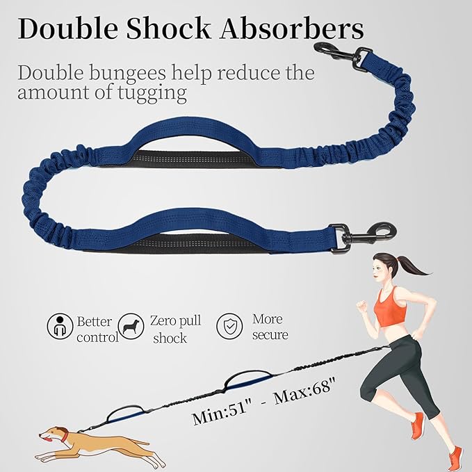 iYoShop Hands Free Dog Leash with Zipper Pouch, Dual Padded Handles and Durable Bungee for Walking, Jogging and Running Your Dog (Large, 25-120 lbs, True Navy)