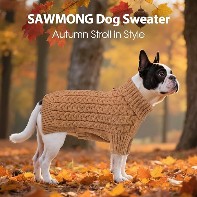 SAWMONG Dog Sweater, Dog Sweaters for Large Dogs Girls Boys, Pullover Turtleneck Knitted Doggy Sweatshirt, Cold Weather Pet Clothes（Khaki, 2X-Large