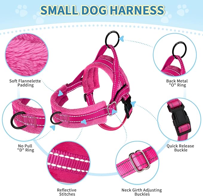 SlowTon No Pull Small Dog Harness and Leash Set, Puppy Soft Vest Harness Neck & Chest Adjustable, Reflective Lightweight Harness & Anti-Twist Pet Lead Combo for Small Medium Dogs (Fuchsia, XS)