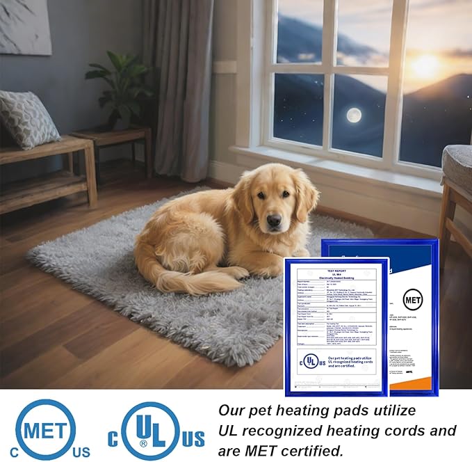 Dog Heating Pad, 32×20 in with Smart Thermostat Switch and Power Line Protection Tube,Obtained MET and UL Dual Certification,Waterproof Pet Heating Pad with Long Velvet Cloth Cover