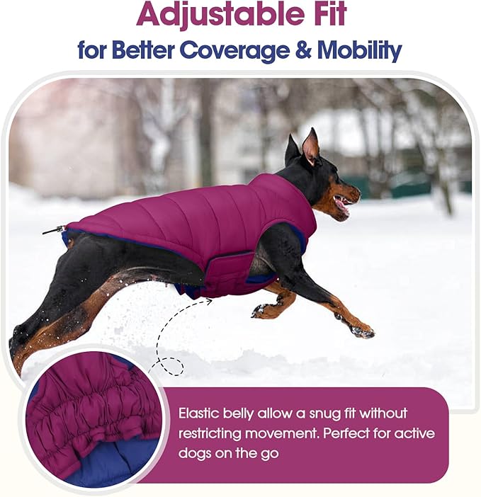 QBLEEV Reversible Dog Coat, Waterproof Winter Puffer Jacket with Leash Hole, Warm Dog Snow Gear for Medium Dogs Cold Weather, Adjustable French Bulldog Padded Vest for Outdoor Walks, Violet, L