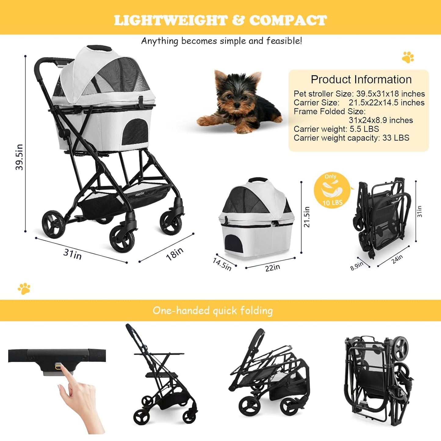 Dog Stroller for Small Dogs Cats Up to 33LBS, 3-in-1 Lightweight Foldable Pet Stroller with Removable Carrier, Storage Basket for Travel- Gray
