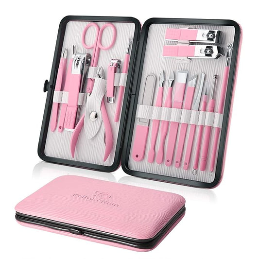 Manicure Set Professional Nail Clippers Kit Pedicure Care Tools- Stainless Steel Women Grooming Kit 18Pcs for Travel or Home (Pink)