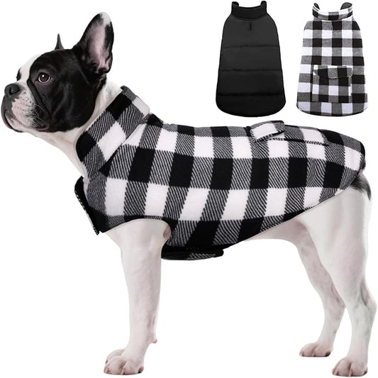 ASENKU Dog Winter Coat, Fleece Doggie Jacket Plaid Reversible Vest Waterproof Windproof Cold Weather Clothes for Small Medium Large Dogs (M, White)