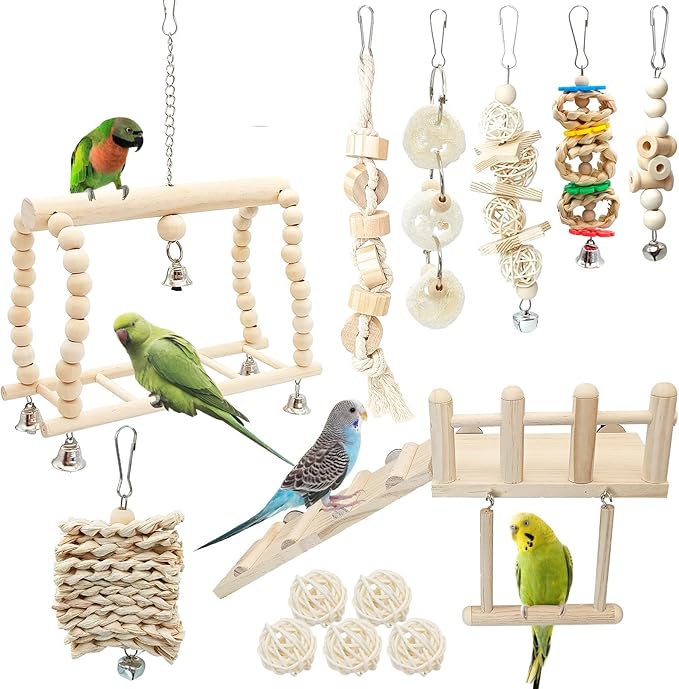 Hamiledyi 13Pcs Parrot Swing Chew Toys Bird Perches Platform with Climbing Ladder Hanging Cage Accessories for Parakeet, Conure, Finch, Lovebirds, Budgie, Canary Standing