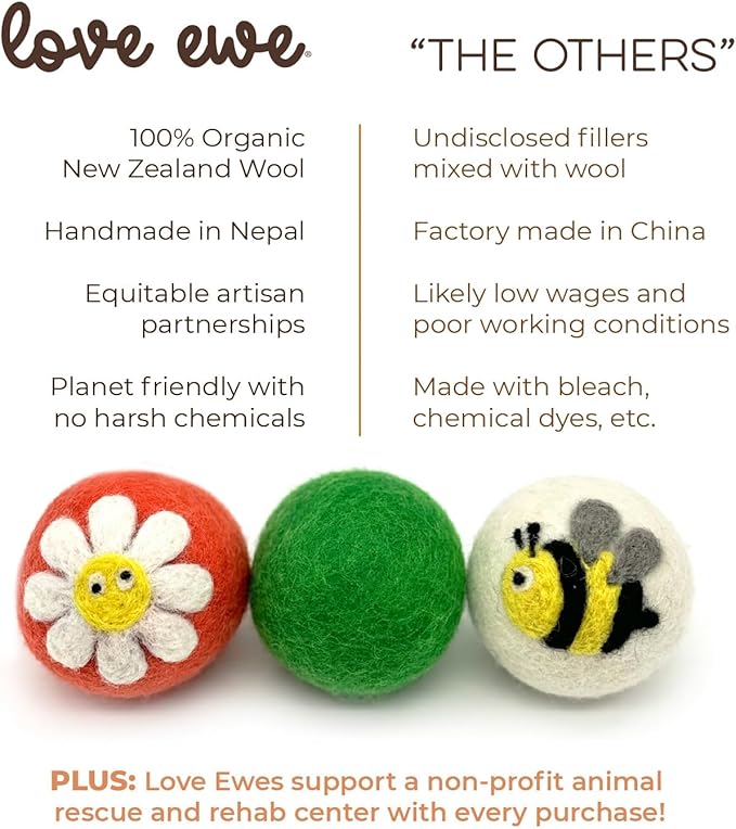 Wool Felt Balls 3 Pack Love Ewe Pet Supplies - 2 in Felted Wool Cat Toys 100% New Zealand Wools Felt Cat Toys Handmade Wools Felts Balls - Cats Felts Ball, Colorful Ball - Flower and Bee