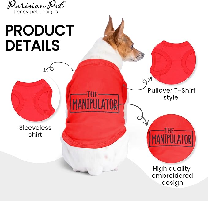 Parisian Pet Dog Tshirt - Embroidered “ Manipulator “ Tank Top - Breathable and Lightweight Dog Clothes - Sleeveless Red Tee Shirts - Machine Washable Shirt for Large Dogs - XL