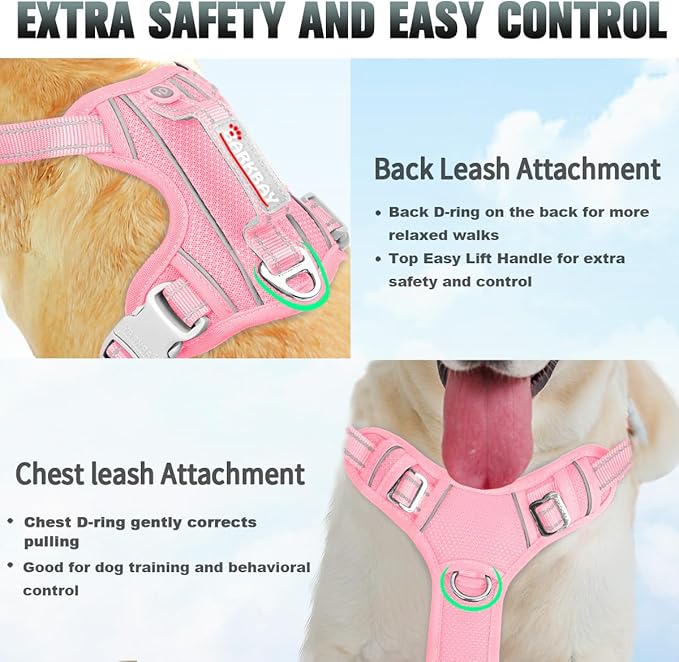 BARKBAY No Pull Dog Harness Large Reflective Dog Harness with Front Clip and Easy Control Handle for Walking Training Running with ID tag Pocket(Baby Pink,XL)