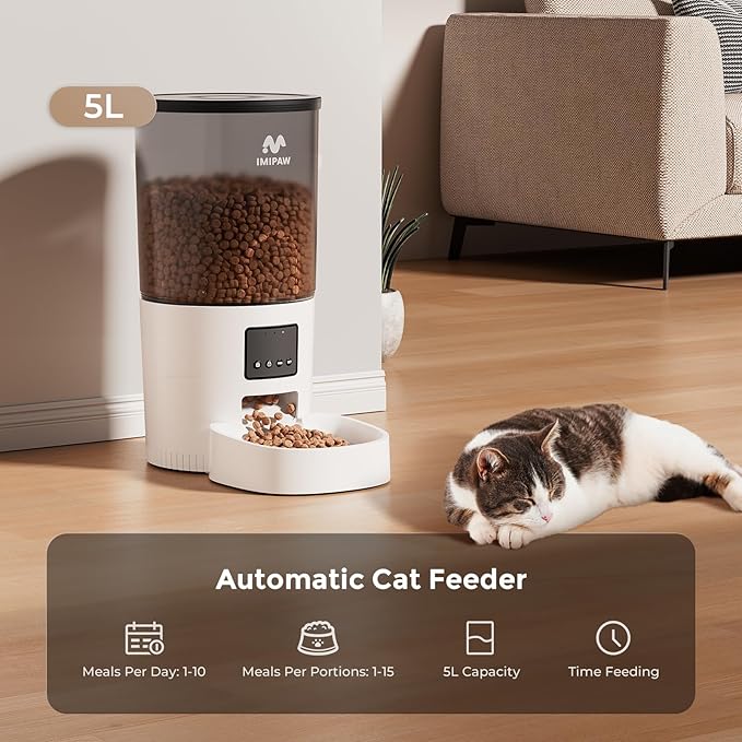IMIPAW Automatic Cat Feeder, 5L Pet Dry Food Dispenser with Timed Programmable Portion Control, Dual Power Backup, with Desiccant Bag, 1-10 Meals, Easy Set Up, 10 Meals Per Day for Cats and Puppies